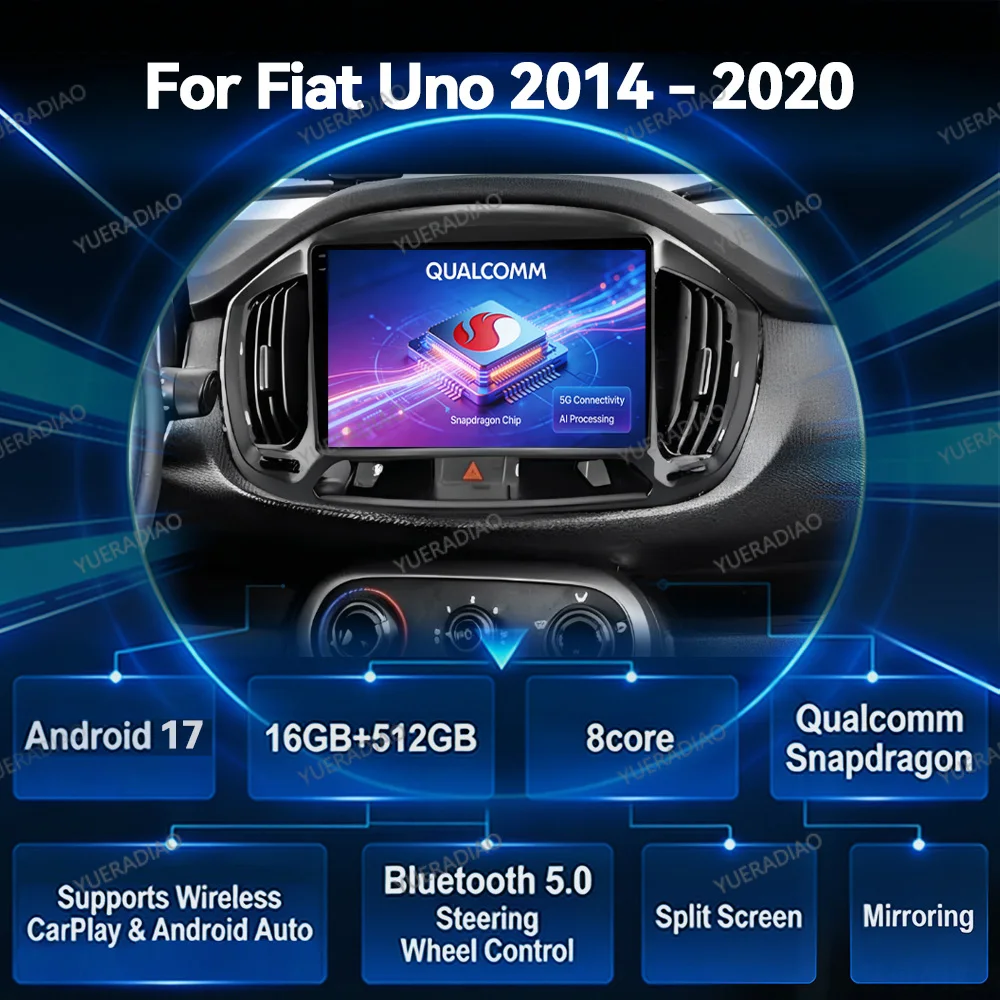 Radio para Auto Android 17 para Fiat Uno 2014 2015 2016 2017 2018 2019 2020 GPS NAVI Qualcomm BT Bluetooth, Radio FM, Autoradio 2DIN