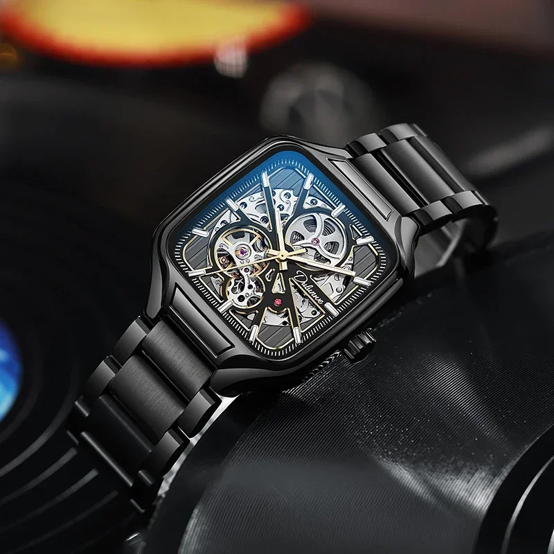 Tourbillon Hollow Sports Watch for Men Fashion Stainless Steel High Quality Square Dial Luminous AutomaticMechanical Man Watches