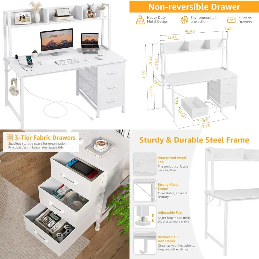 

Modern 47-Inch White Office Desk with Storage Hutch and 3 Drawers, Including Power Outlets for Study and Writing
