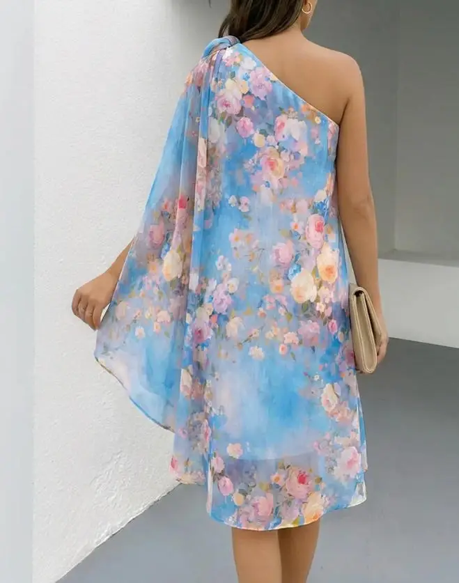 

2026 Women's Flower Printed Single Shoulder Chiffon Dress 3D Flower Decoration Split Sleeve Loose A-Line Mini Dress