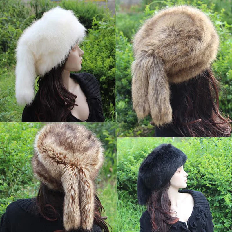 

Women Men Fur Hats Thicken Warm Furry Faux Fur Flat Top Caps Mongolian Princess Tail Hat Winter Russian Luxury Skullies Beanies