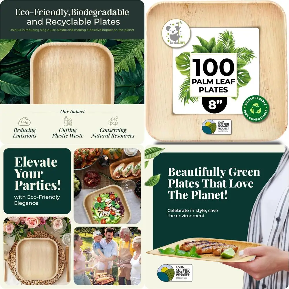 

Elegant 8 Inch Bamboo Square Plates, 100 Pack, Sturdy Disposable for Parties, Eco-Friendly Alternative to Paper and Plastic
