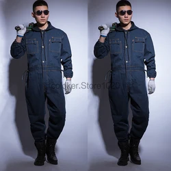 5xl Men's Denim Overalls Zipper Pocket Jumpsuit Unisex Fashion Electric Welding Suit Labor Insurance Clothes One-Piece Workwear