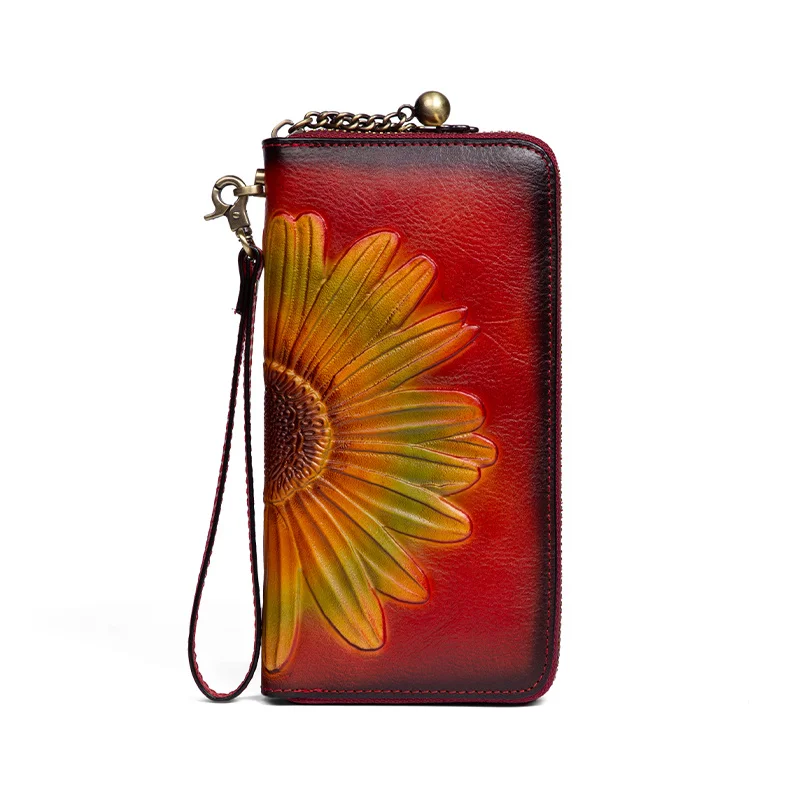 Genuine Leather RDIF Blocking Vintage Flower Embossed Long Cellphone Women Purse Hand Crafted Cowhide Wallet for Ladies