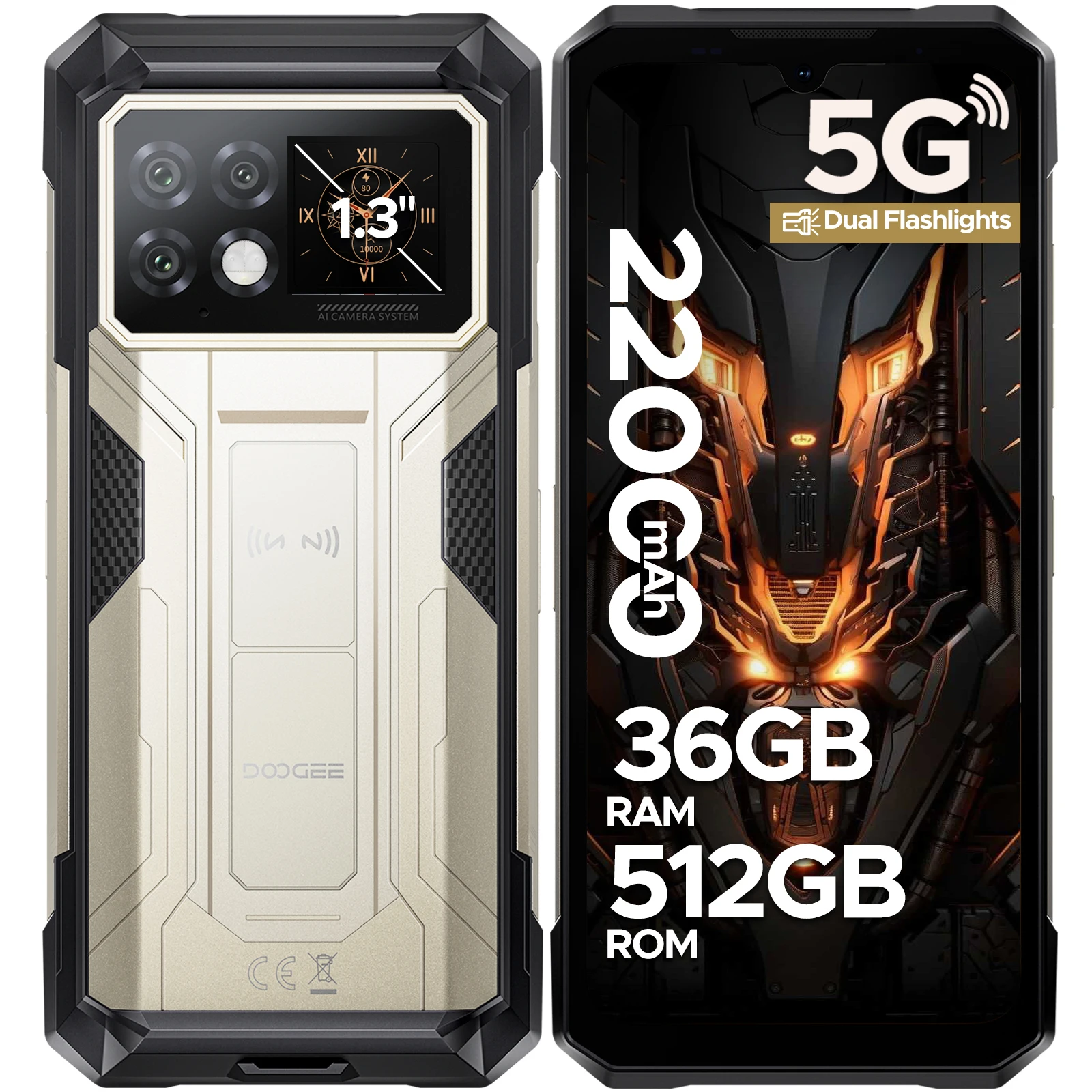 DOOGEE S200 Max Robuuste Telefoon 36GB+512GB 22000mAh 66W Dubbele LED-zaklamp 1.32" Achterdisplay Dimensity 7050 108MP Camera NFC