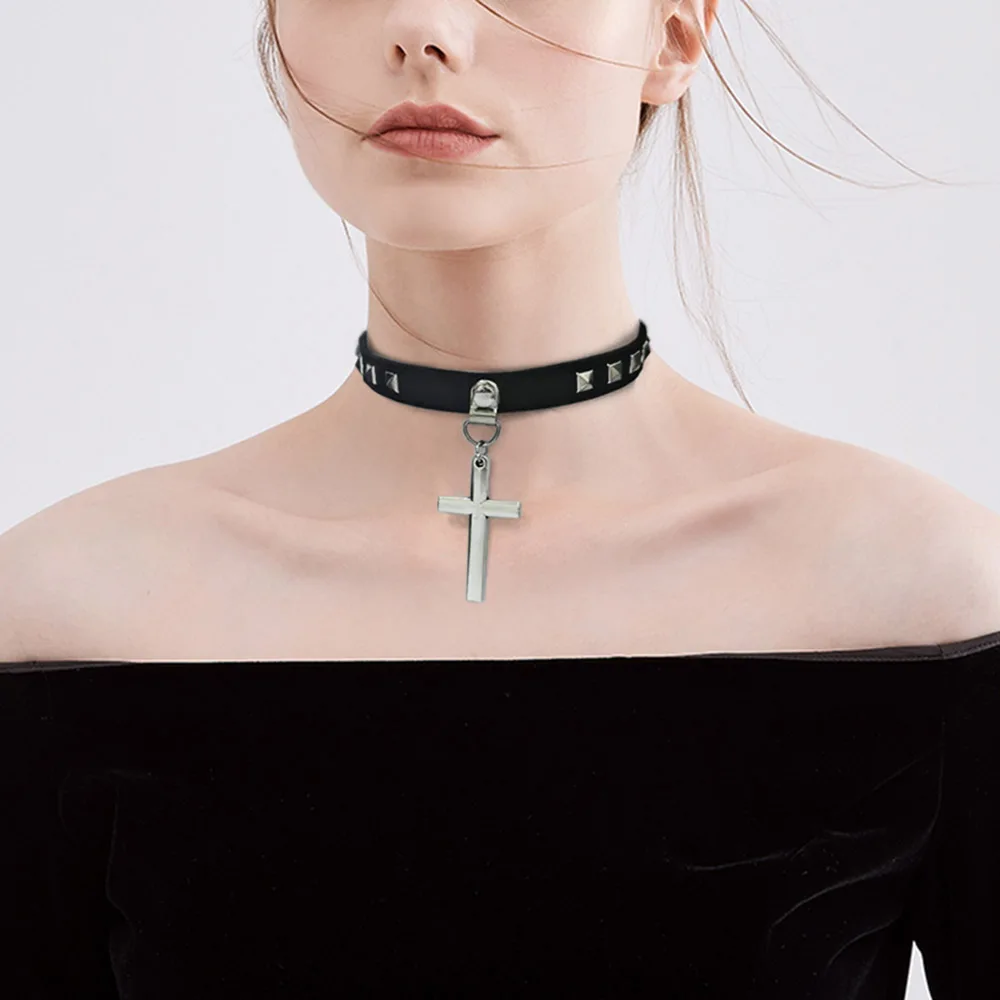 Cross Pendant Necklaces Statement Gothic PU Leather Choker for Women Man 100% Handmade Neck Rock Punk Jewelry X629