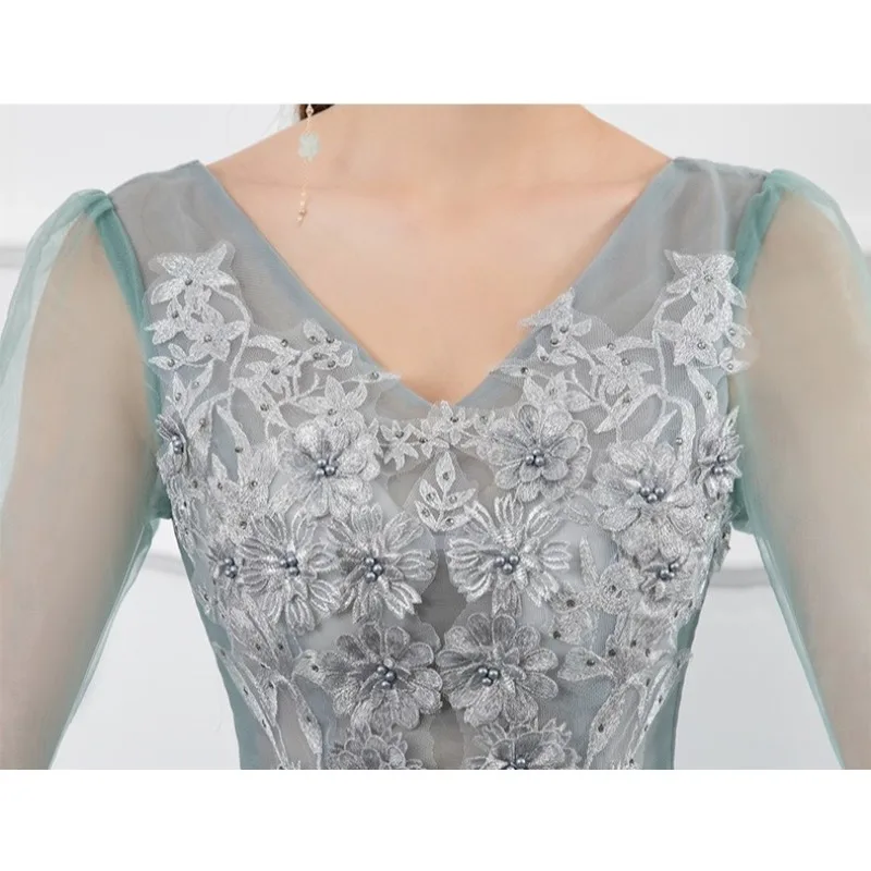 Sukienka wieczorowa damska z dekoltem w serek, haftowana, z siateczki, modna, dopasowana, z paskiem na plecach, elegancka, na roczne spotkanie, z bufiastą spódnicą, 2026.