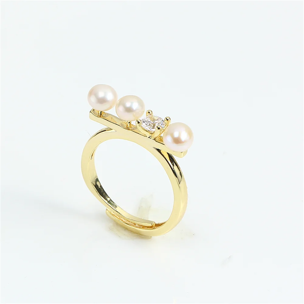 14k Gold Color Retaining Single Diamond Multi Bead Ring Zircon Pearl Empty Bracket Adjustable DIY Accessory for Women