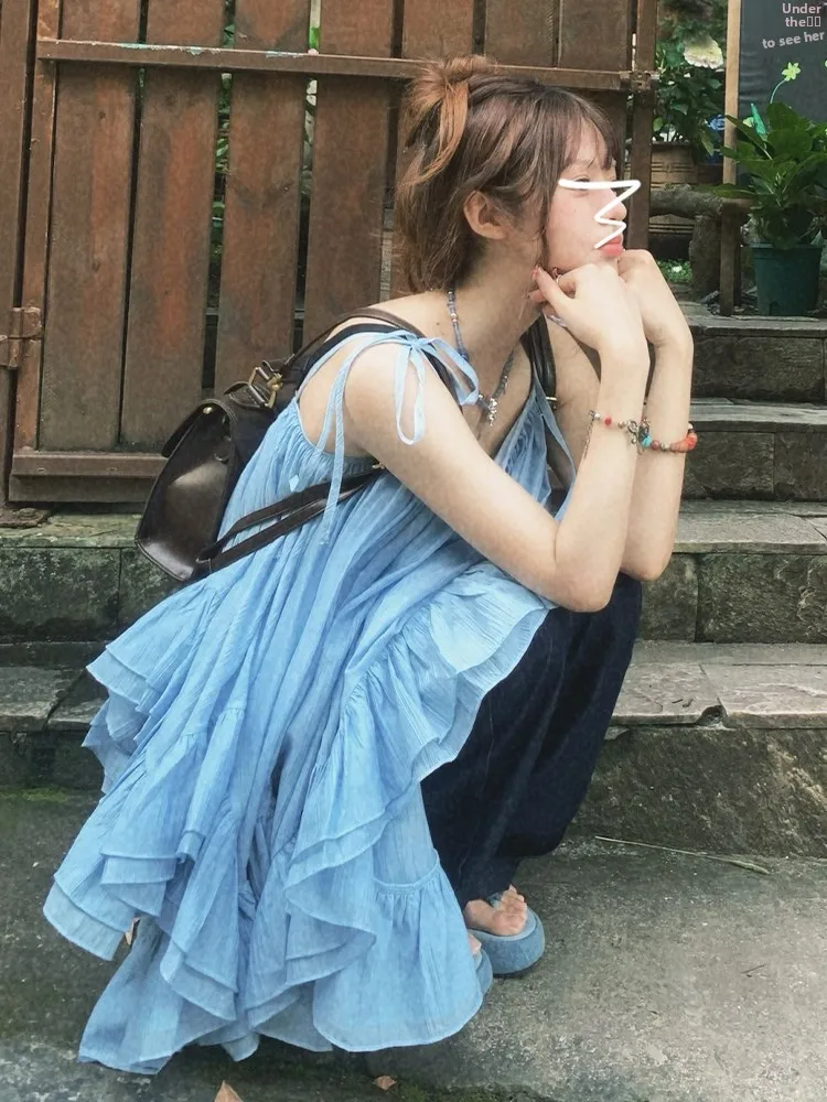 

Sweet Blue Strapl Vest Women's Summer Design Unique Chic Asymmetrical Svel Bal Top Outerwear