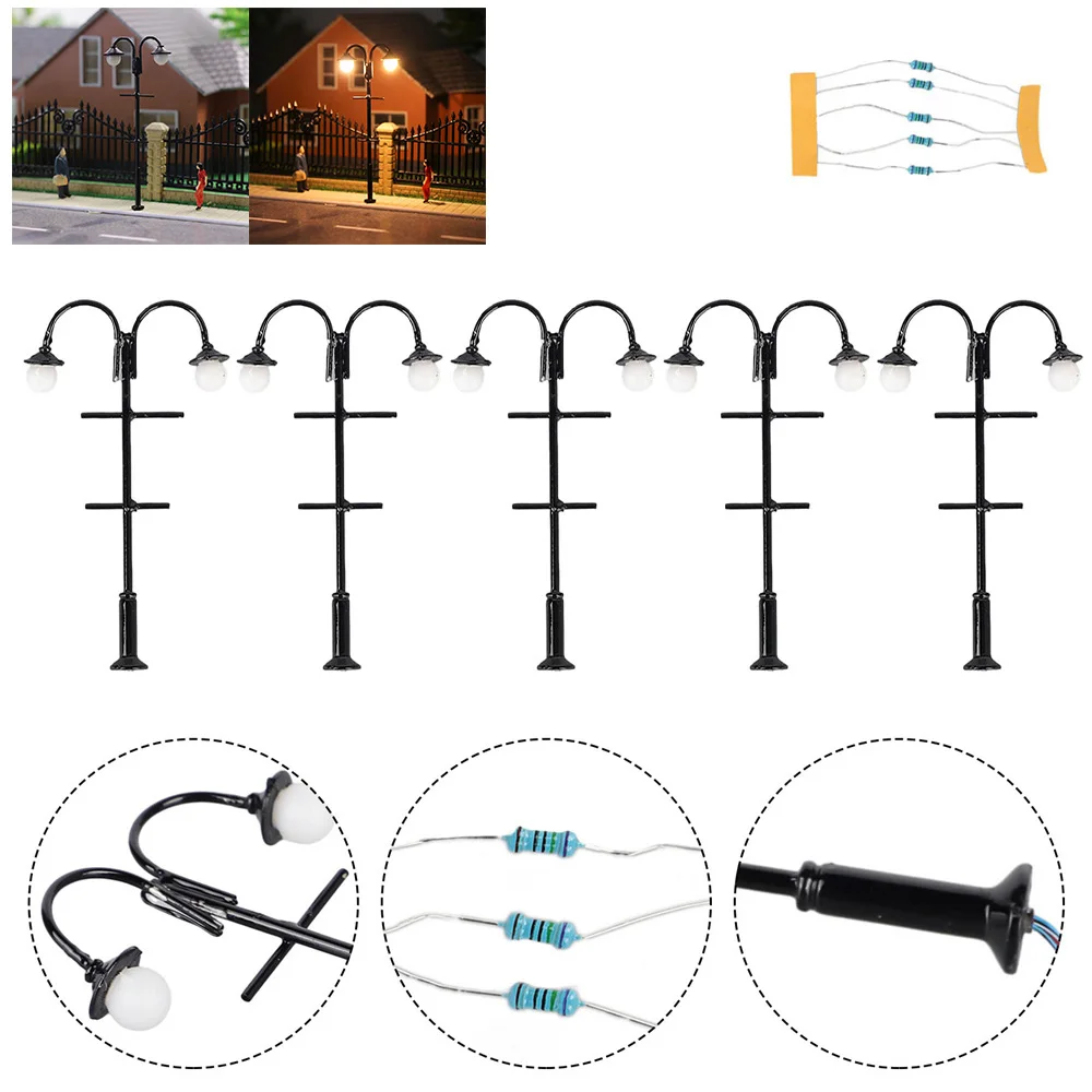 5 szt. Lampy do modelu kolejowego w skali HO 1:87, białe/ciepłe światło, lampy oświetleniowe na platformie, lampy parkingowe