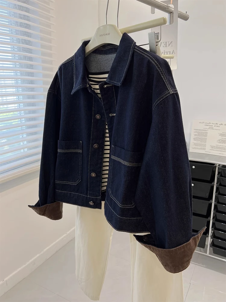 

Retro Color Blo Workwear Denim Jaet Women's Casual Bf Sle Coat Trendy Autumn Top Buttoned Collar Long Sve