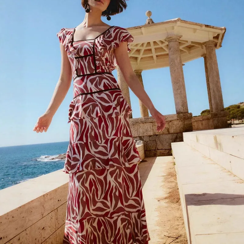 New Summer Square Neck Short Sleeve Beach Dress Woman Elegant Pattern Print Ruffles Long Dress Sexy A Line Backless Boho Dresses