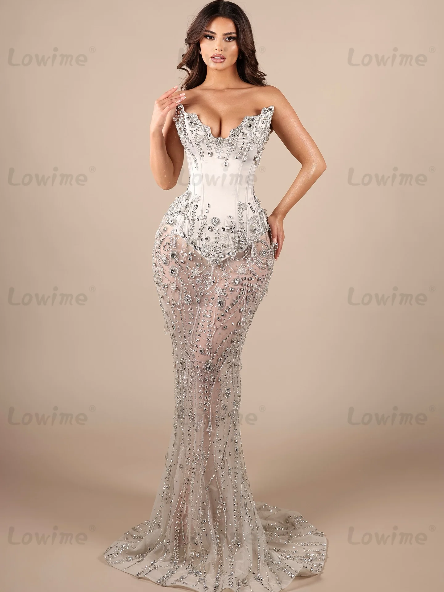 

Luxury Mermaid Ivory White Wedding Party Dress Illusion Crystals Bridal Prom Gown 2026 Customized Women Evening Dresses Robes