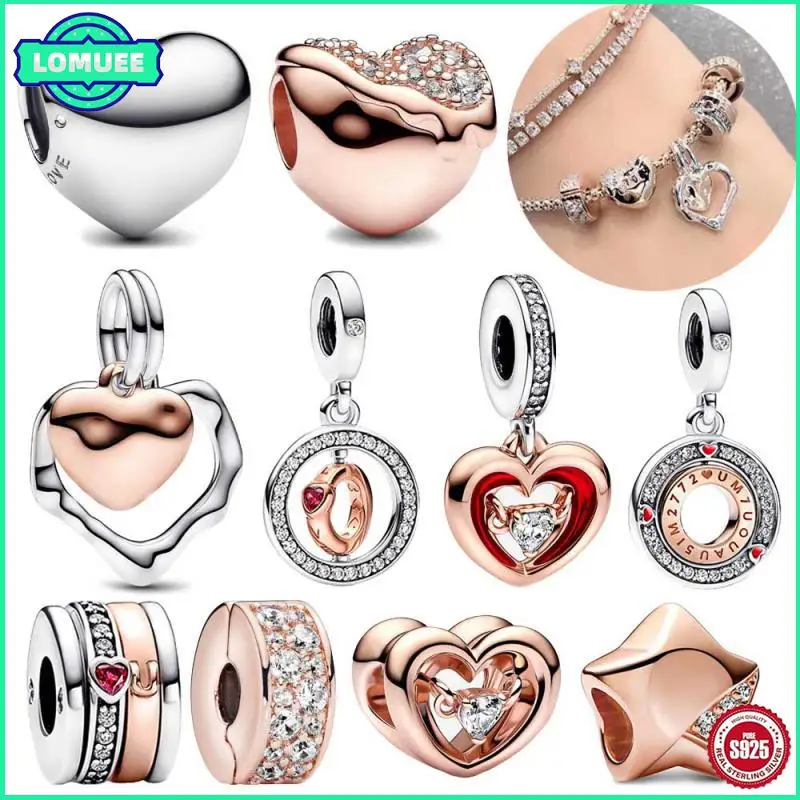 

925 Sterling Silver Rose Gold And Silver Splicing Color Pendant&Heart-Shaped Bead Charm Fit DIY Bracelet Necklac Fashion Jewelry