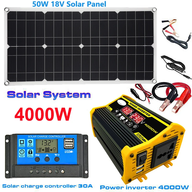 

110V/220V Power System 50W Solar Panel 30A Charge Controller 4000W Modified Sine Wave Inverter Power Generation Kit for Camping