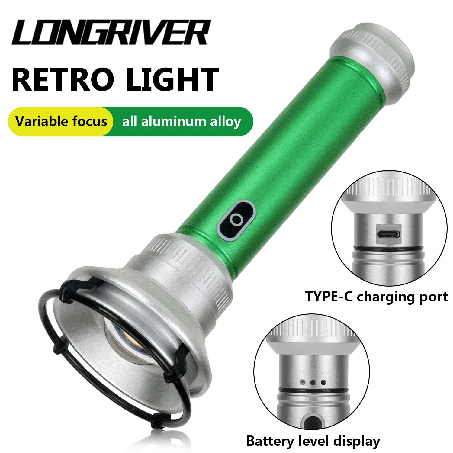 

LONGRIVER Vintage Flashlight Portable LED Camping Light Emergency Retro Hanging Lanterns Type-c RechargablePortable Torch