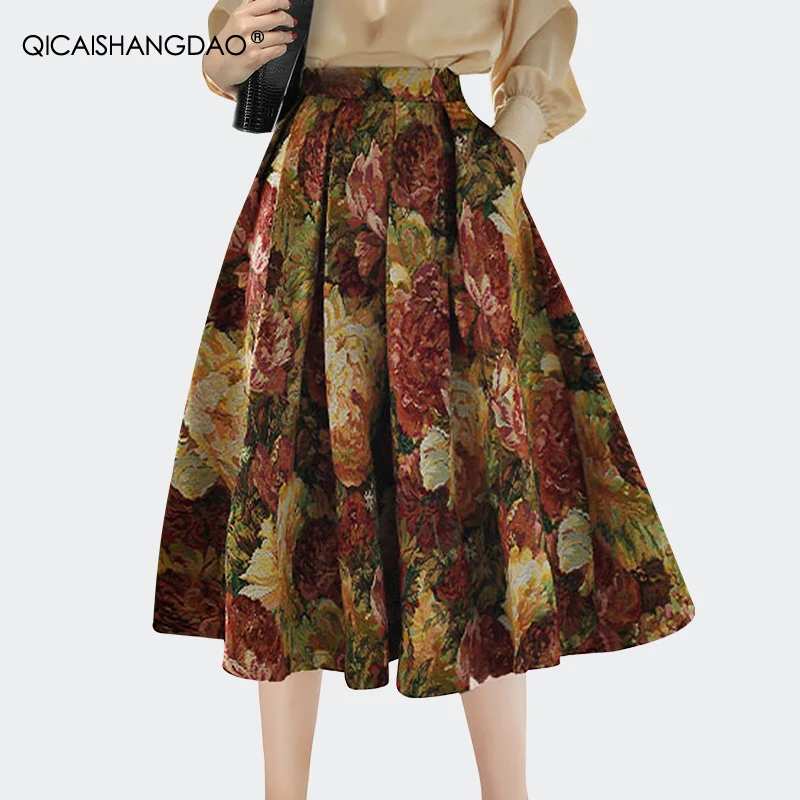 Vintage Court Style Big Swing Jacquard Skirt Women Spring New High Waist A-line Pleated Mid-length Skirts Printed Floral Skirts