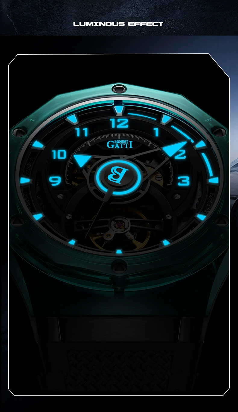 BONEST GATTI-reloj automático para hombre, carcasa transparente de polímero, reloj de pulsera mecánico, correa de caucho fluorado luminosa de zafiro
