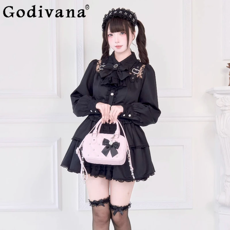 

Subculture Gothic Shirts Japanese Mine Mass-Produced Bow Lace Patchwork Long Sleeve Single-Breasted Sweet Blouses Tops Women