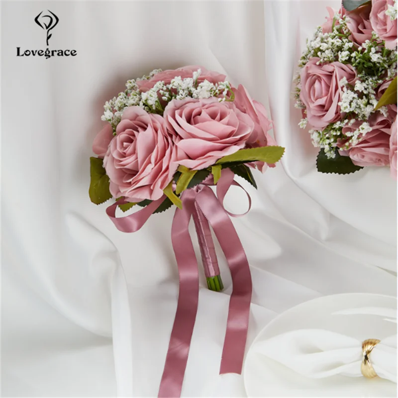 Ramo de novia para dama de honor, flores de seda rosa, rosas, accesorios de boda, ramo de dama de honor de marfil Artificial para matrimonio