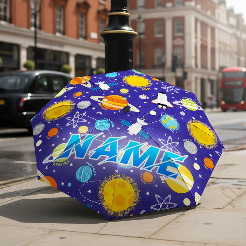 Custom Name umbrella, Colorful Space-Themed Umbrella with Planets & Rockets Fashion Folding Umbrella for Daily Use, Gift