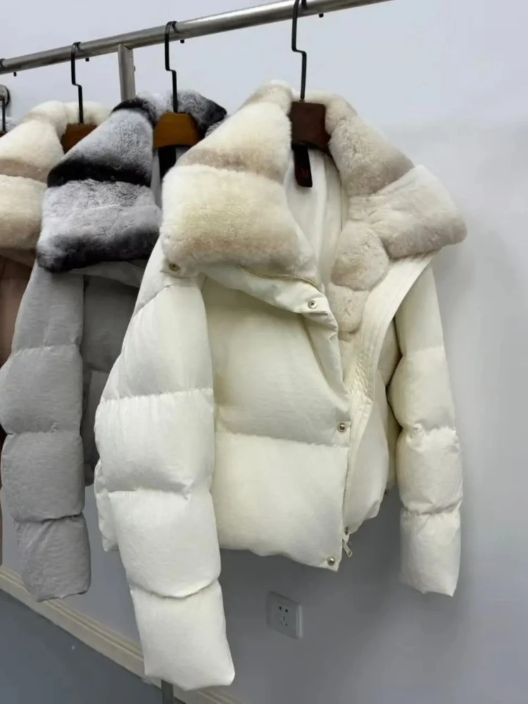 Cappotto di pelliccia di realtà Autunno Inverno Top Vestiti Femminili Spessore Caldo Piumino d'oca Con cappuccio Pelliccia di coniglio Rex naturale Soffici donne