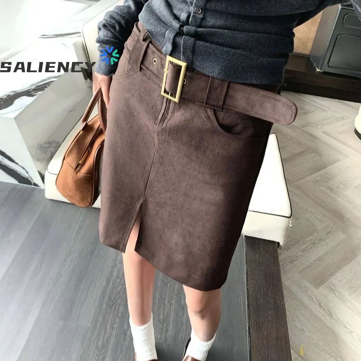 SALIENCY Stylish Suede Skirt for Women in Autumn High Waist Office Lady Bodycon Skirts Saias