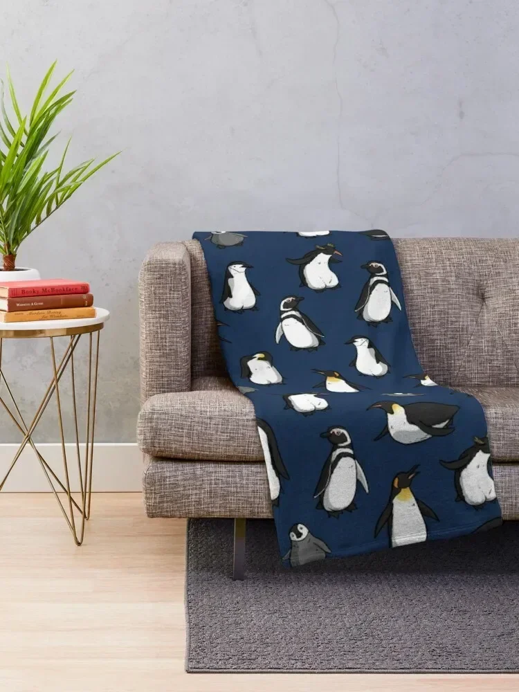 Cute Penguin Pattern (Dark Blue Variant) Throw Blanket Decorative Beds Multi-Purpose Moving Blankets