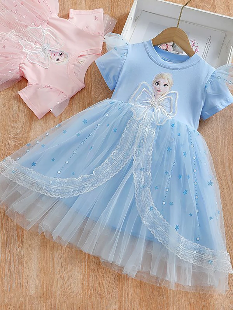 

2024 Summer New Baby Girl Elsa Dress Kid Frozen Short Sleeve Bow Mesh Princess Dresses Party Costumes Children Clothing Vestidos