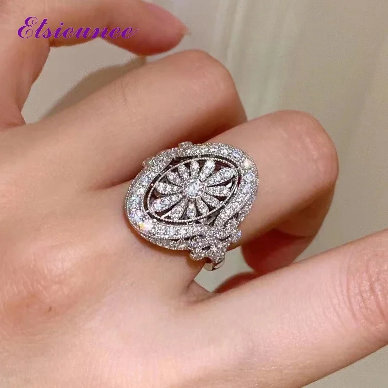 

ELSIEUNEE New Luxury 925 Sterling Silver Hollow Design Shiny High Carbon Diamond Ring Fine Jewelry Wedding Party Gift Wholesale