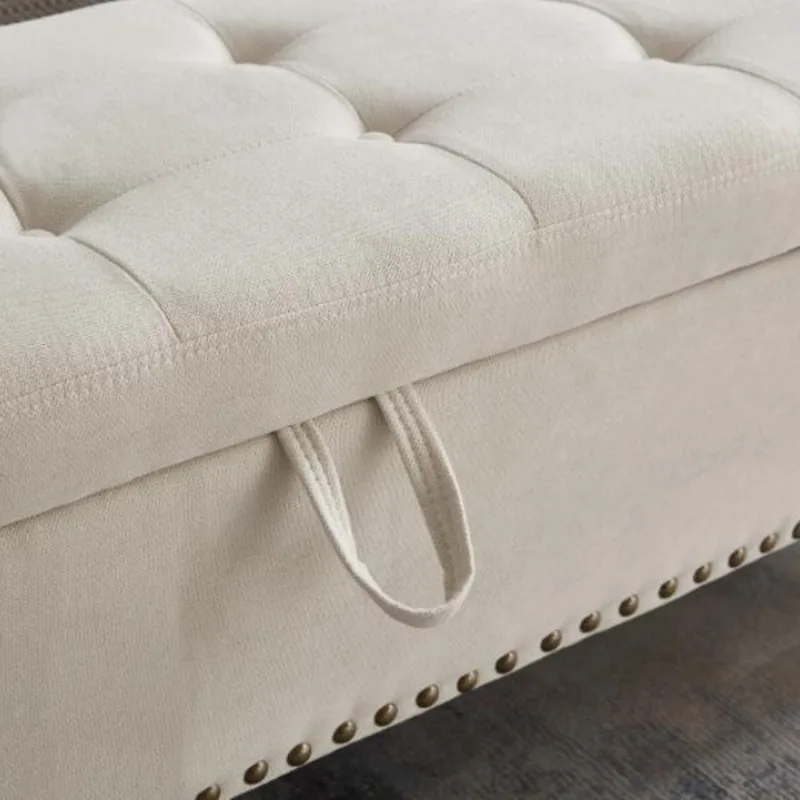 Banco de cama otomano com armazenamento tecido bege no quarto como banco final de cama design contemporâneo fácil montagem multifuncional