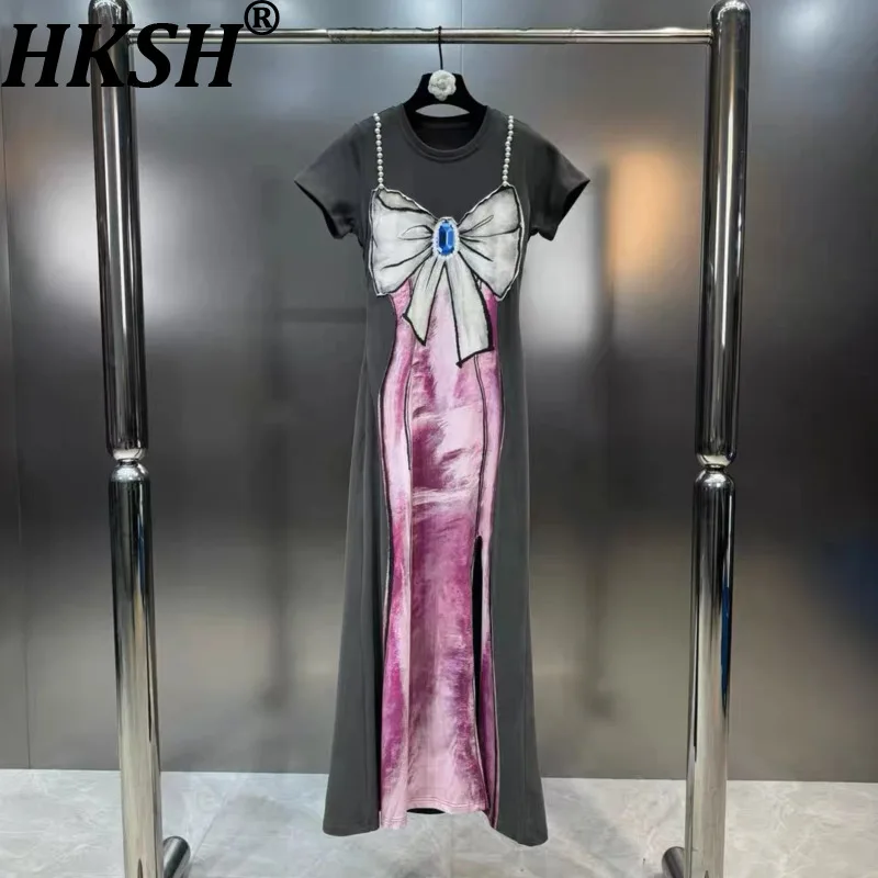 

Новое женское платье HKSH 2026 Весна-Лето с круглым вырезом, короткими рукавами, принтом, жемчужными бретелями, разрезом, элегантное, модное, шикарное, трендовое платье HK18605