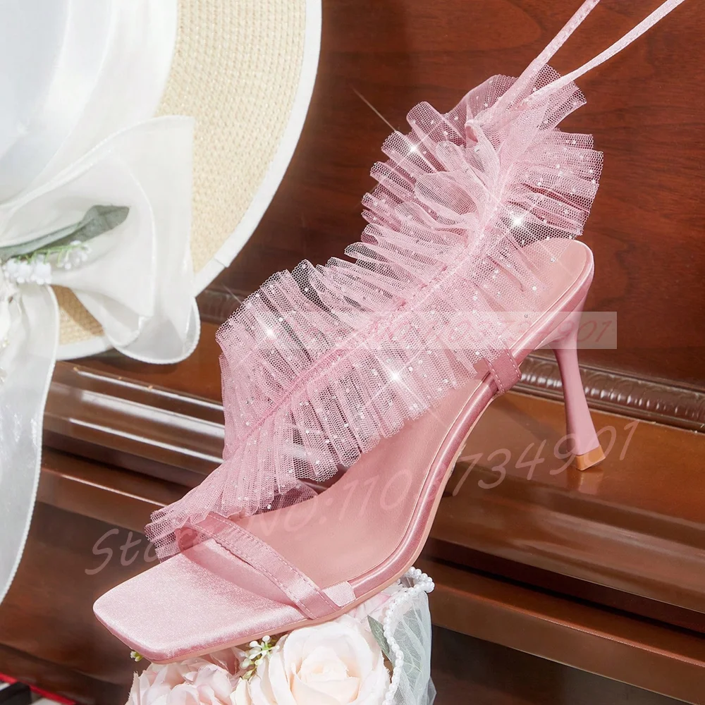 Mesh Sequins Square Toe Slingback Lace Up Skinny Heel Sandals Women Pink Satin Tulle Ruffle Fairy Sweet Party High Heels Sandals