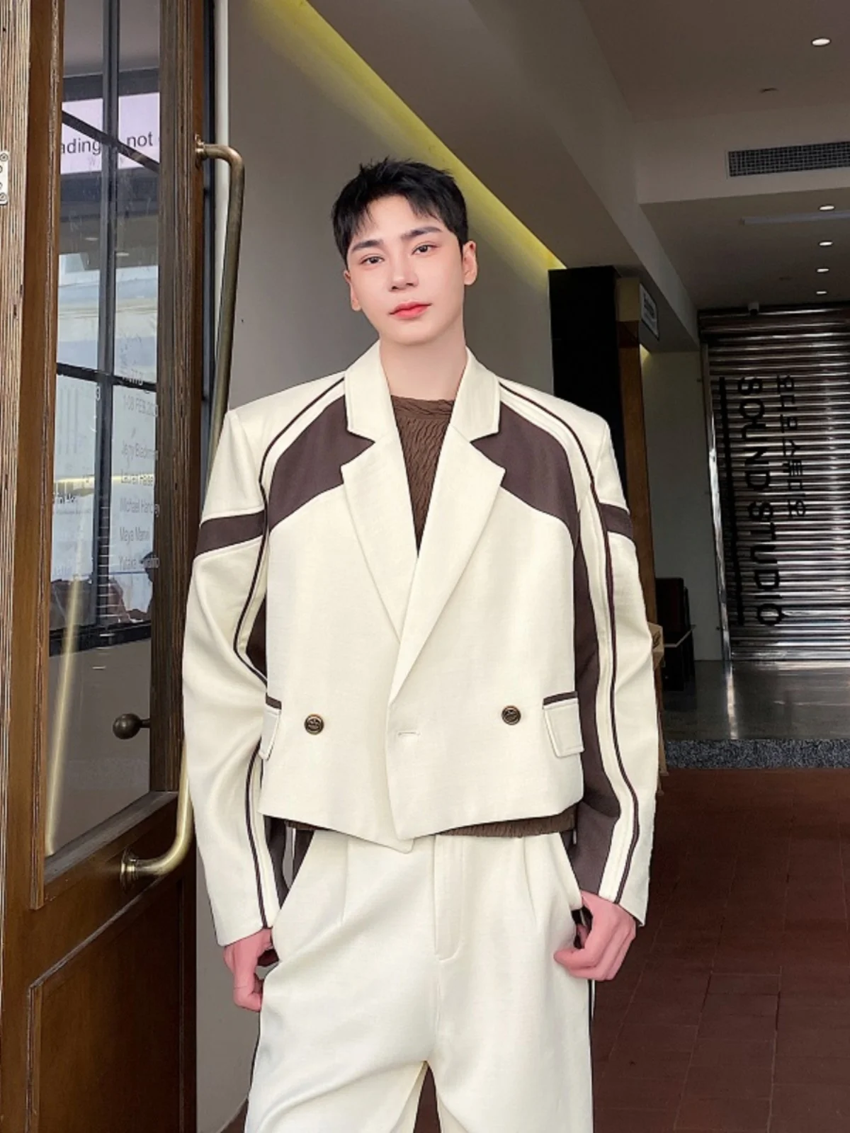 

Autumn New Sle Korean Version Trendy Color Blo ort Suit Wide Leg Pants Set Casual Loose Men Two Piece Set