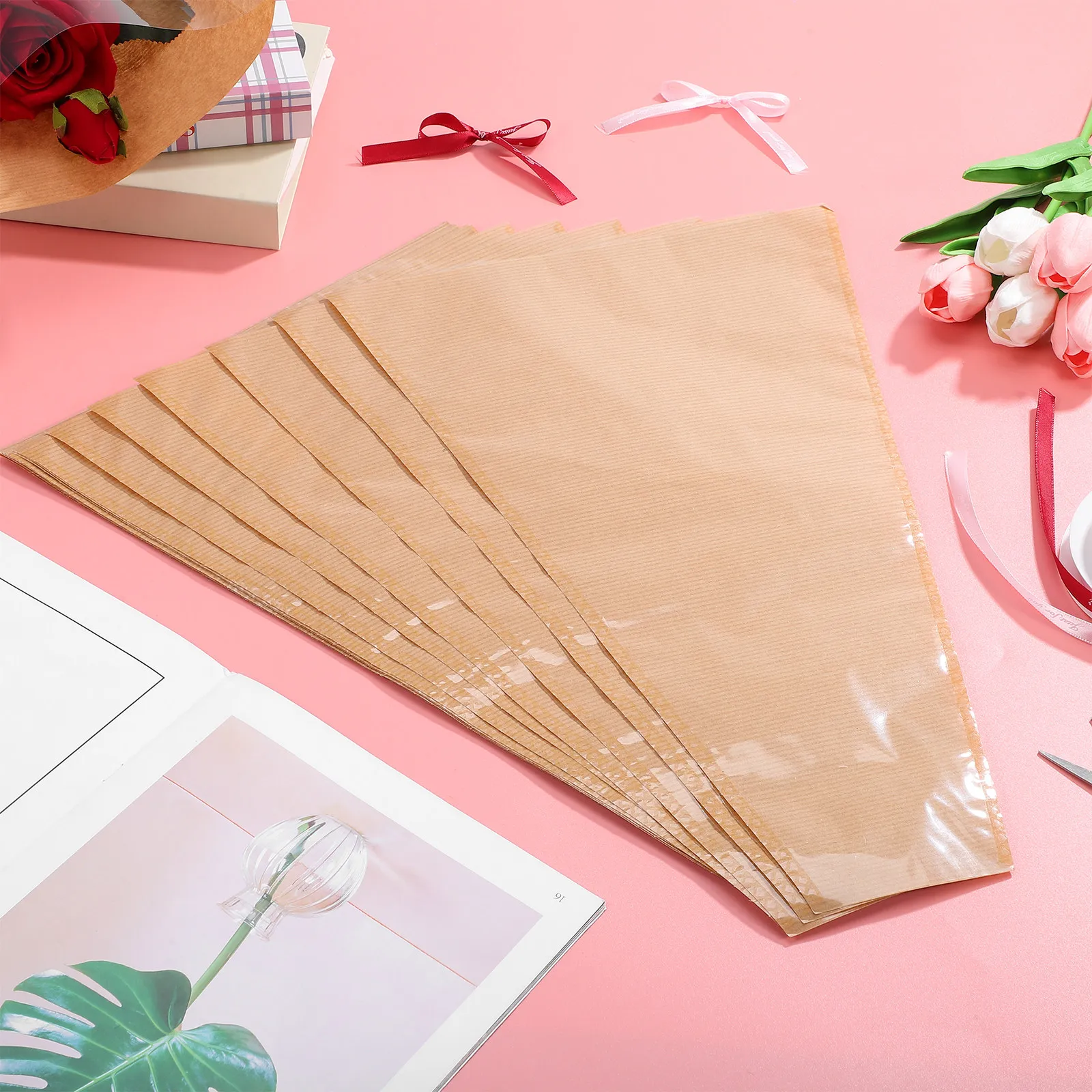 floral-bouquet-wrapping-bags-kraft-paper-sleeves-clear-front-with-colored-ribbons-for-weddings-birthdays