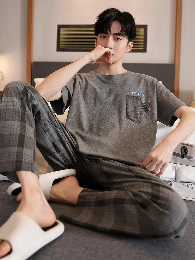 Letnia dzianina 5XL fajna męska piżama piżama Casual Pjs zestawy wypoczynkowe męska krata bielizna nocna bielizna nocna Pijamas Homewear Fashion — zdjęcie 2