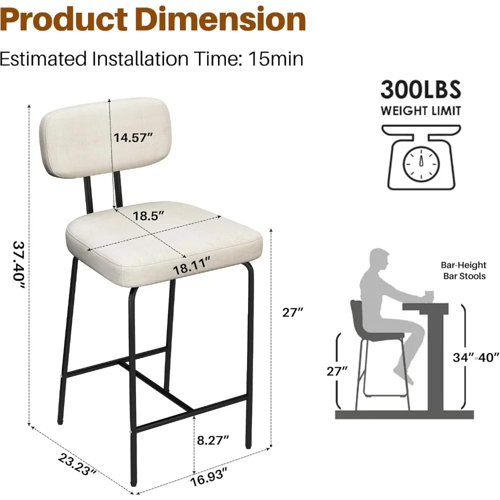 26” Bar Stool, Set of 4, Fabric Upholstered Curved Back, Armless, with Metal Footrest, Kitchen Island Chair, Dining Chair