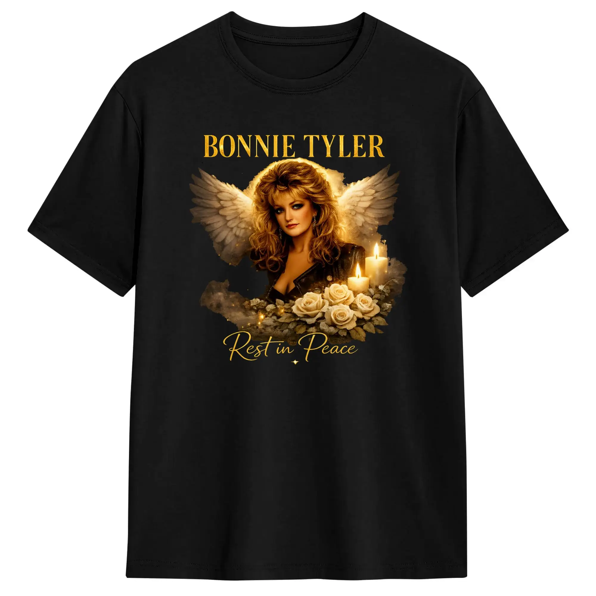 Oversized T Shirt Bonnie Tyler Rest In Peace Angel Wings Candle Rose Memorial Cotton T-Shirts Tshirt for Men Summer Top Tees