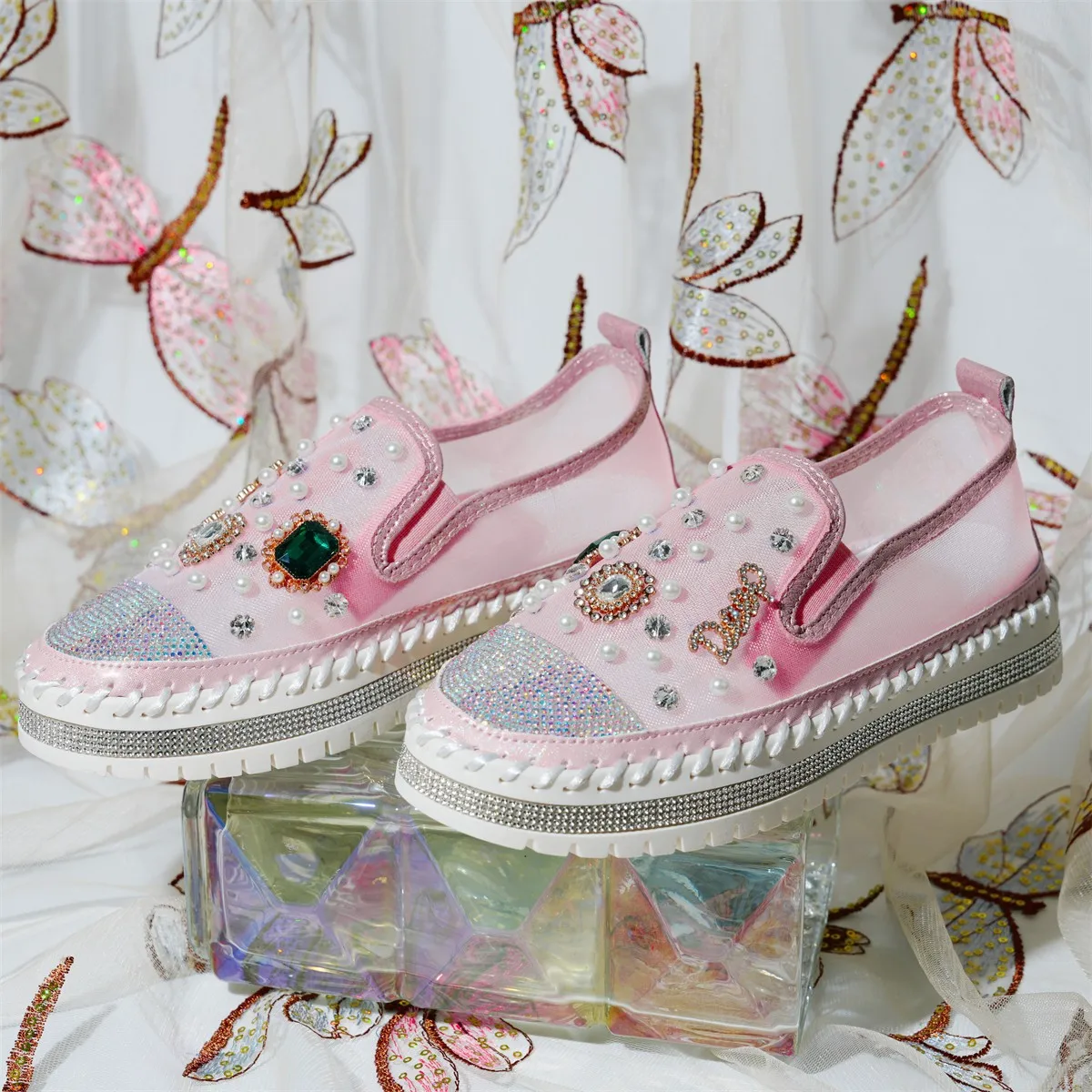 

2026 summer new mesh breathable mesh fabric European goods rhinestone one foot sole shoes