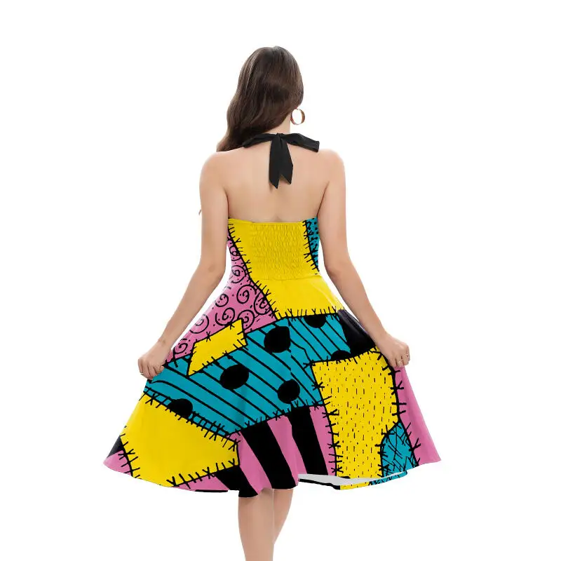 Halloween Sally Kostüm für Damen, Neckholder-Kleid mit Rückenband, A-Linien-Schwingkleid, Patch-Print, Retro-Kleid, Ausgefallene Karnevalsparty-Outfits – Detail 10