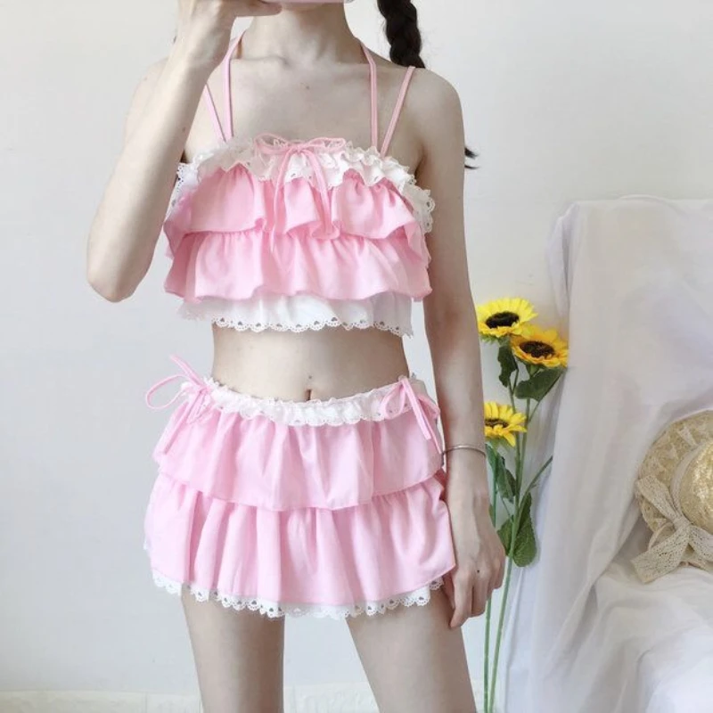 

Japanese Sweet and Cute Swimsuit Set Early Autumn Girl Style Hot Spring Resort Beach Women's Swimsuit Set