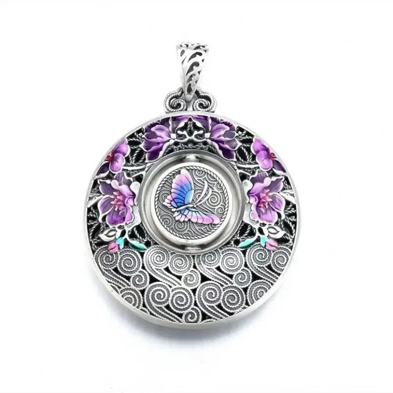 925 Silver Archaic Rhyme Pink Purple Flower Butterfly Pendant Enamel Round Necklace for Women Chinese Style Accessories Jewelry