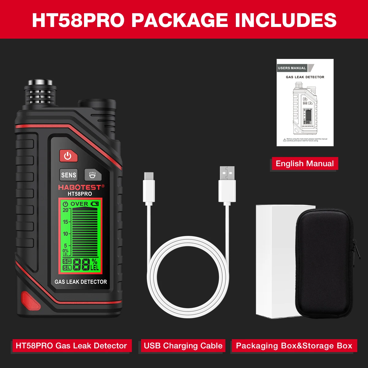 

HABOTEST HT58PRO Профессиональный детектор утечки газа Инструмент обнаружения утечки газа Телескопический зонд со встроенной литиевой батареей