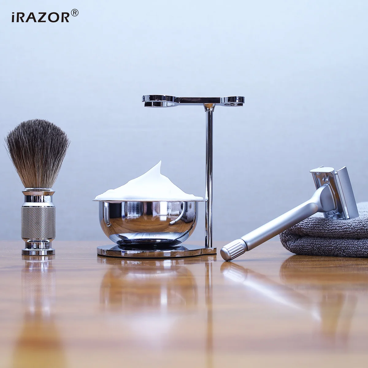 iRAZOR Luxury Men\'s Shaving Kit Butterfly Open Double Sided Comb Safety Razor Pure Badger Hair Facial Cleaning Brush Gift Kit