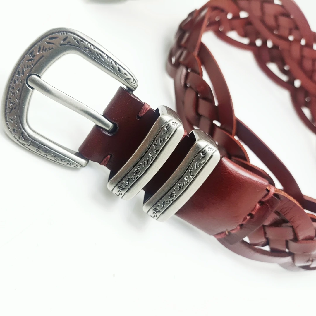Retro Handwoven Leather Belt with Fine Carved Pattern And Hardware Buckle 3.0cm Denim Waist Belt for Skirts And Dress Decoration