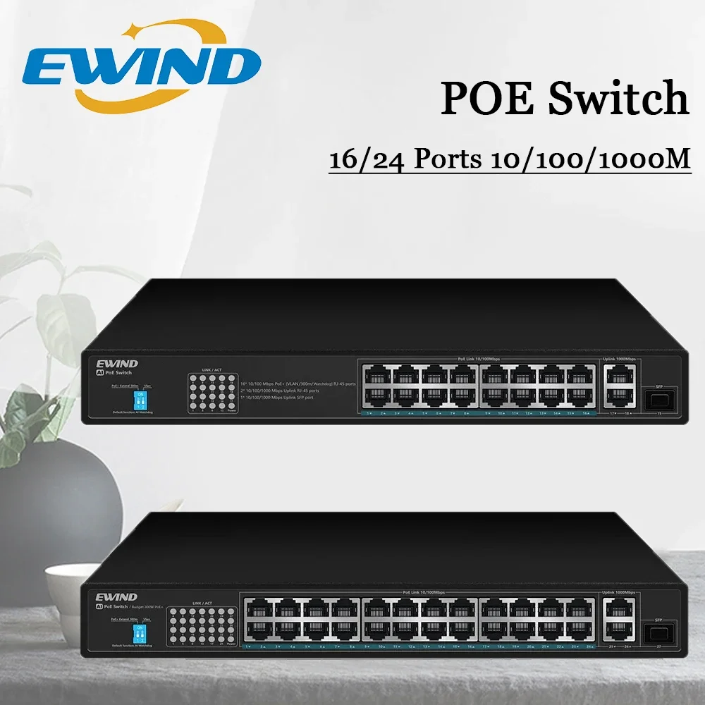 

EWIND POE Switch 16/24 Ports 10/100/1000Mbps Uplink RJ45 Ports and 1 100/1000M SFP Slot AI Smart Switch,for NVR or cameras