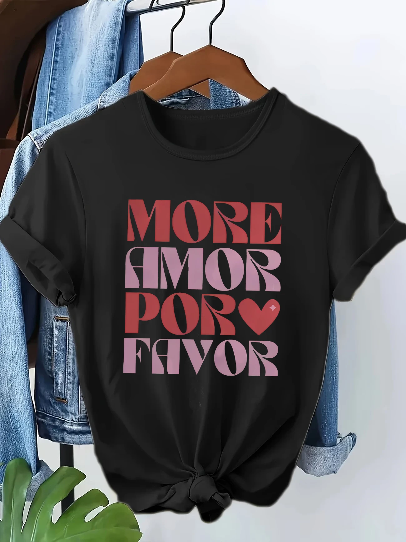 Y2k 90s MORE AMORE POR FAVOR Women's Casual Short Sleeve Crew Neck T-Shirt Print with Hearts Harajuku Short Sleeve T Shirt