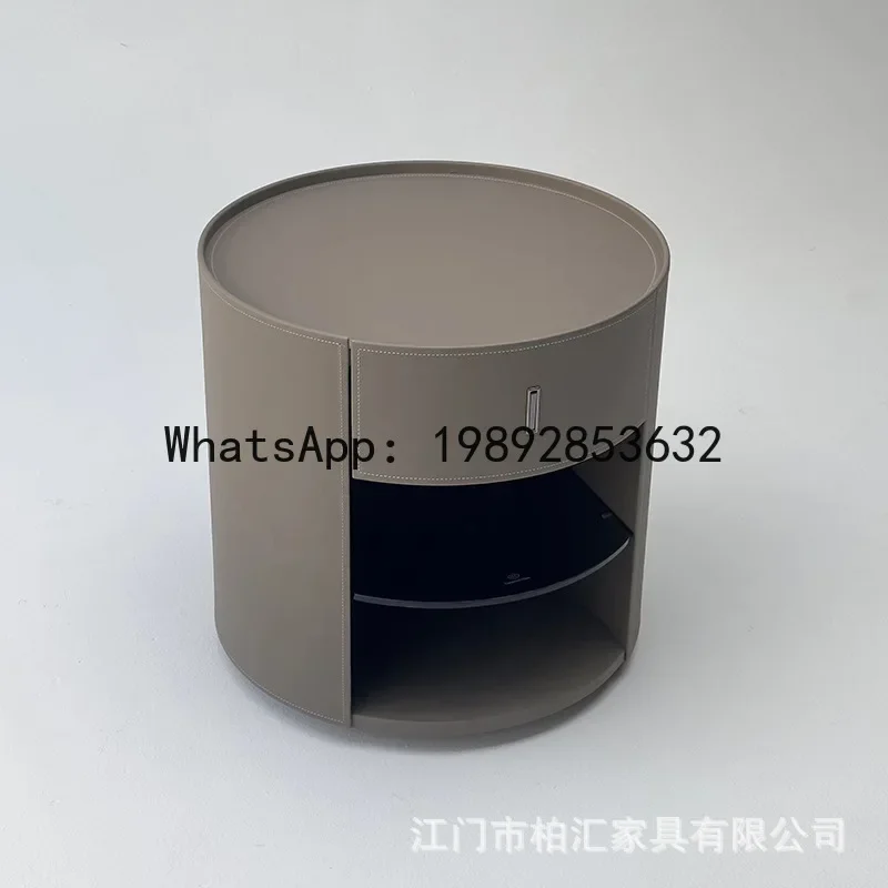 G1   Italian Minimalist Round Saddle Leather Bedside Table Small Apartment Storage Side Cabinet Bedside Cabinet