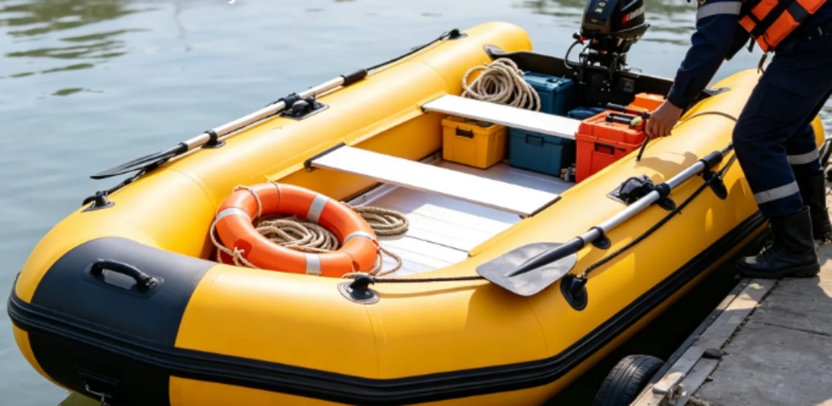 Yellow Inflatable Rubber Boat With Aluminum Hard‑Floor for Freshwater Fishing