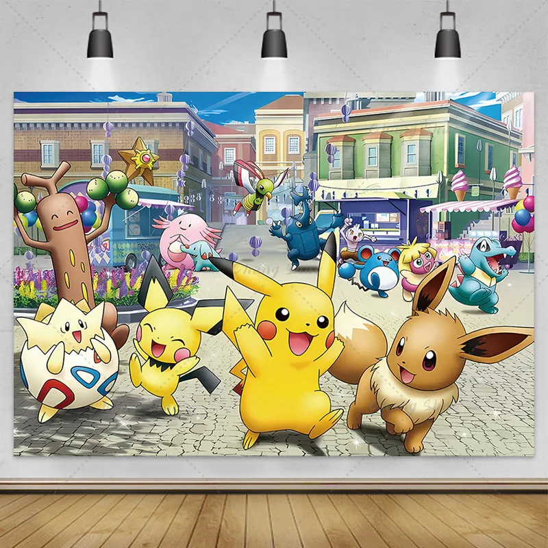 Pokemon Kinder Party Hintergrund angepasst Foto Hintergrund Cartoon Pikachu Geburtstags feier Dekoration Vinyl Hintergrund Studio Requisiten